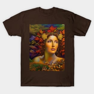 Autumnal Equinox Beautiful Woman Surrounded By Autumn Leaves T-Shirt